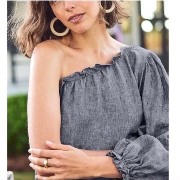 Milly LAKE Blue Chambray Denim Linen One Shoulder Shift Midi Dress SZ S - Picture 3 of 11